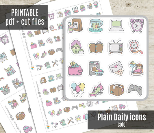 50 Plain Daily Life Printable Icons Stickers – COLOR Planner Icons - PDF & Cut Files