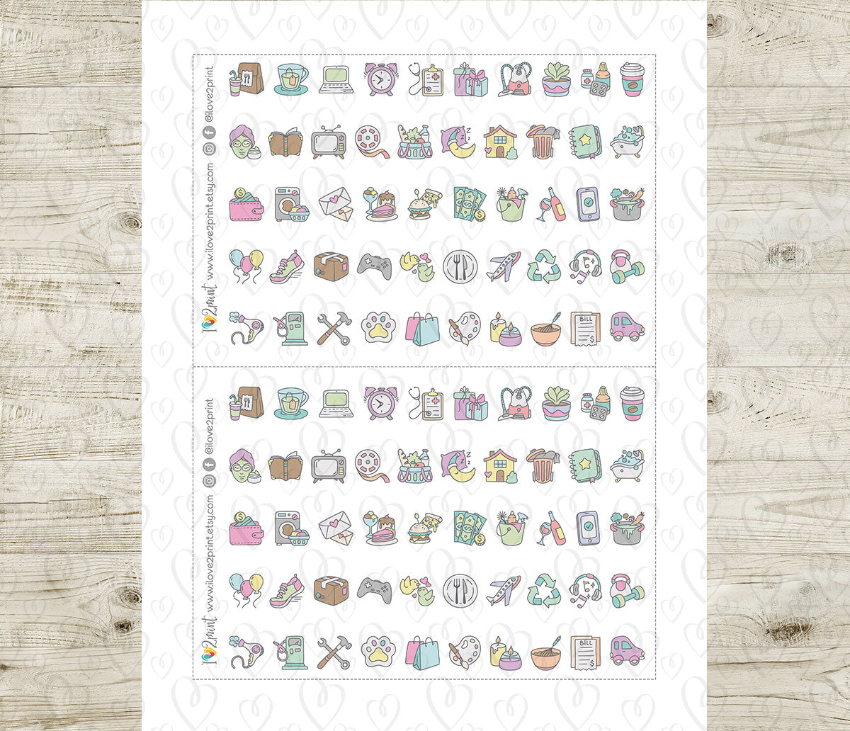 50 Plain Daily Life Printable Icons Stickers – COLOR Planner Icons - PDF & Cut Files