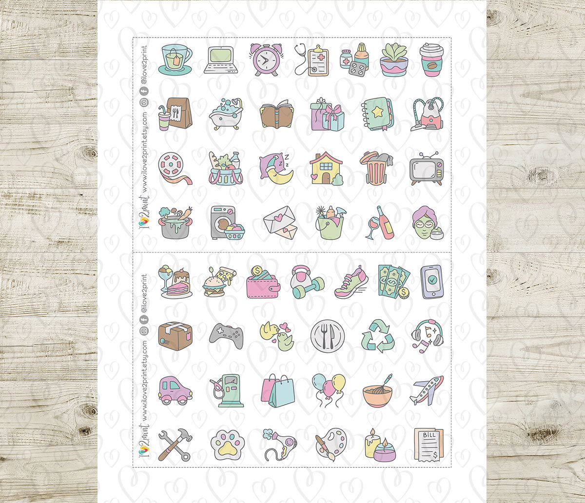 50 Plain Daily Life Printable Icons Stickers – COLOR Planner Icons - PDF & Cut Files