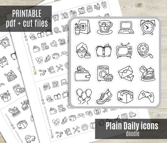 50 Plain Daily Life Printable Icons Stickers – DOODLE Planner Icons - PDF & Cut Files