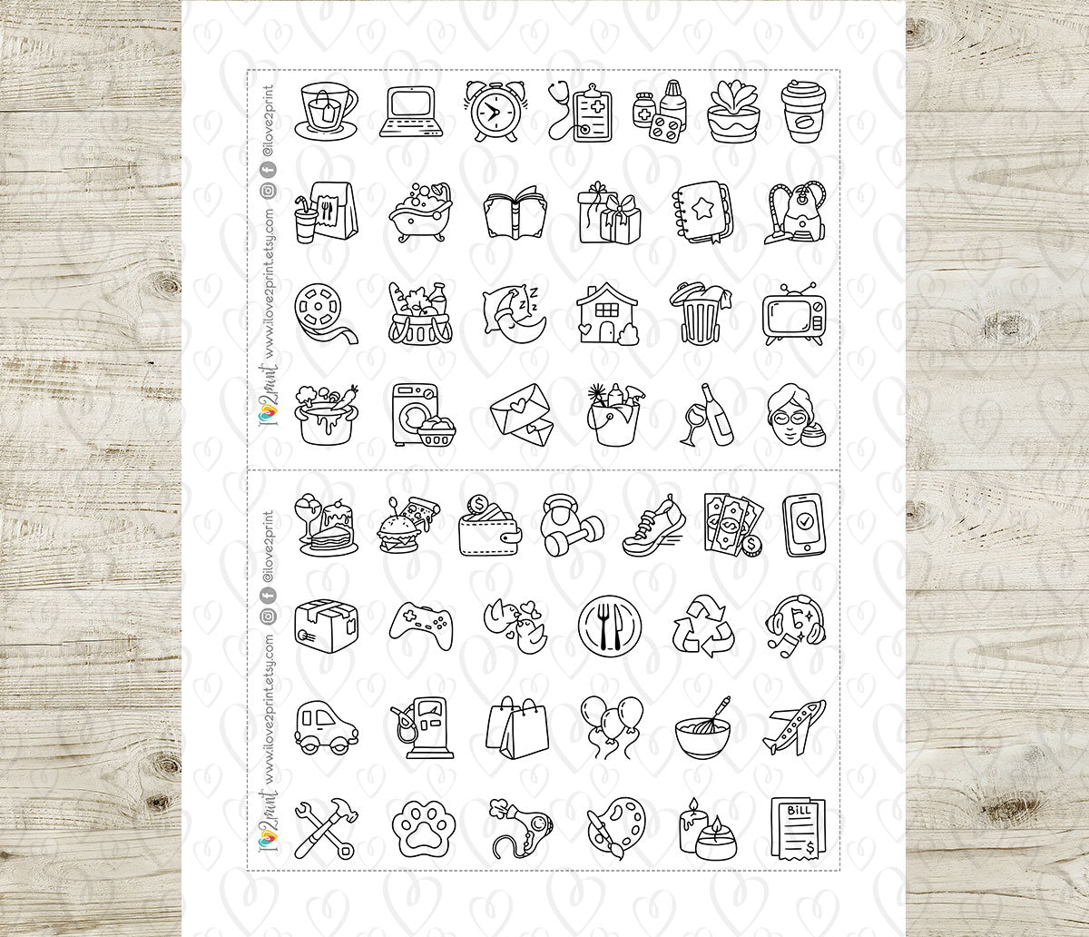 50 Plain Daily Life Printable Icons Stickers – DOODLE Planner Icons - PDF & Cut Files