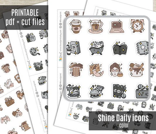 50 Shine Daily Life Printable Icons Stickers – COLOR Planner Icons - PDF & Cut Files