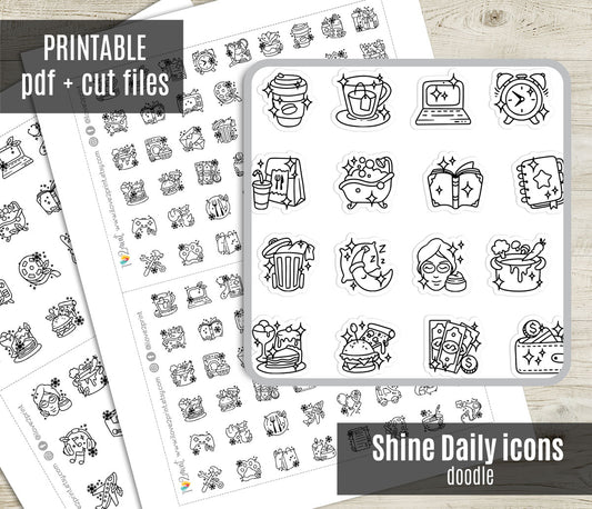 50 Shine Daily Life Printable Icons Stickers – DOODLE Planner Icons - PDF & Cut Files