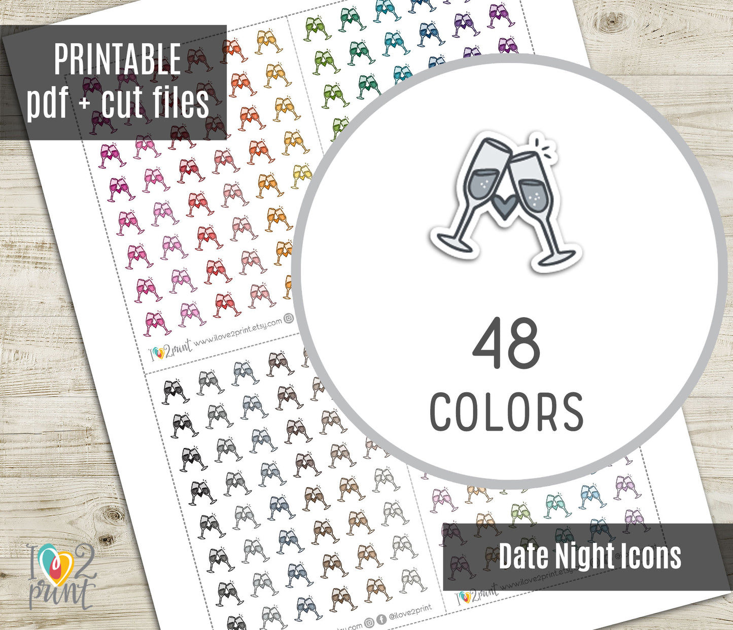 Cheers Glasses Mini Icons Printable Planner Stickers | 48 Colors | Date Night Labels | PDF Cut Files