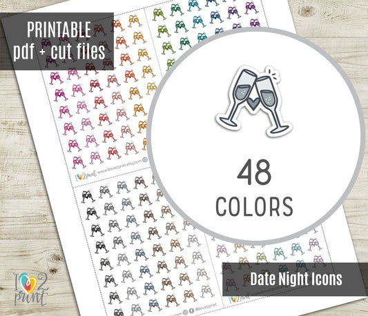 Sheet of Date Night Icons with 48 colors on a wooden surface