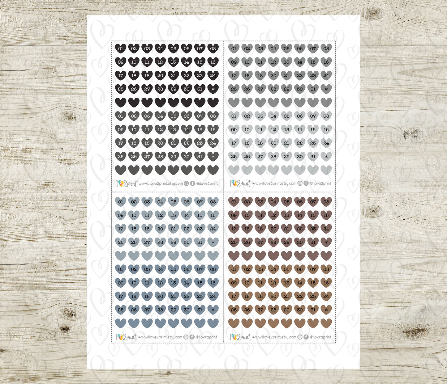 Day Hearts Pastel Colors – Printable Planner Stickers for Calendars & Journals – PDF + Cut Files – Instant Download