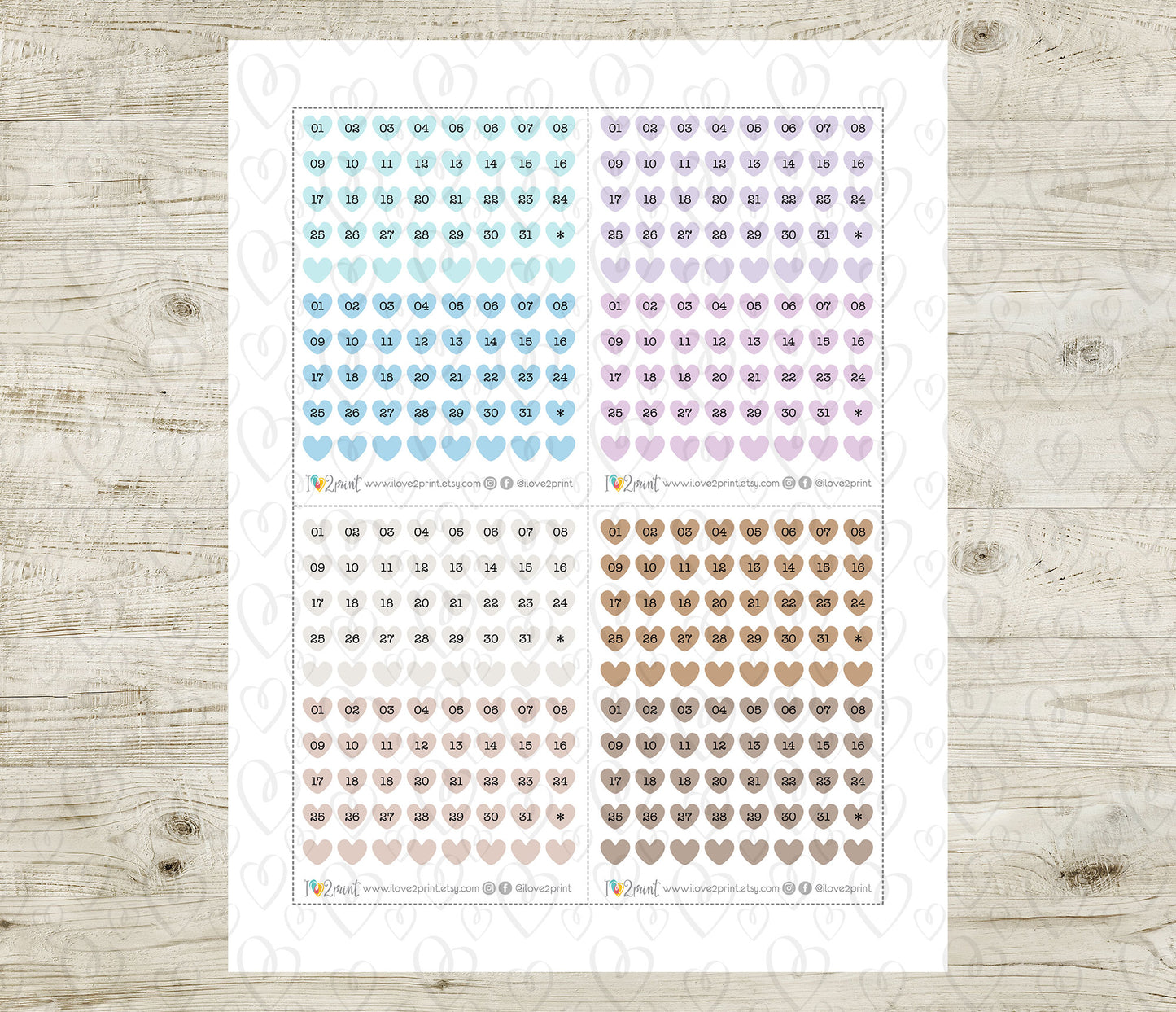 Day Hearts Pastel Colors – Printable Planner Stickers for Calendars & Journals – PDF + Cut Files – Instant Download