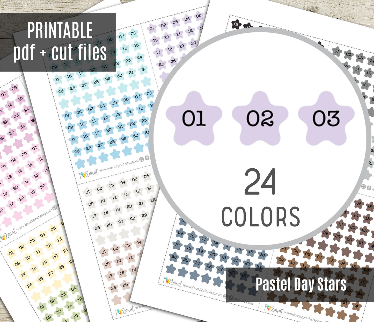 Day Stars Pastel Colors – Printable Planner Stickers for Calendars & Journals – PDF + Cut Files – Instant Download
