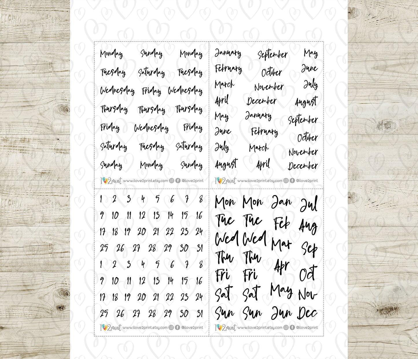 FREEBIE Day, Week & Month Script - Printable Planner Stickers - Pdf & Cut Files