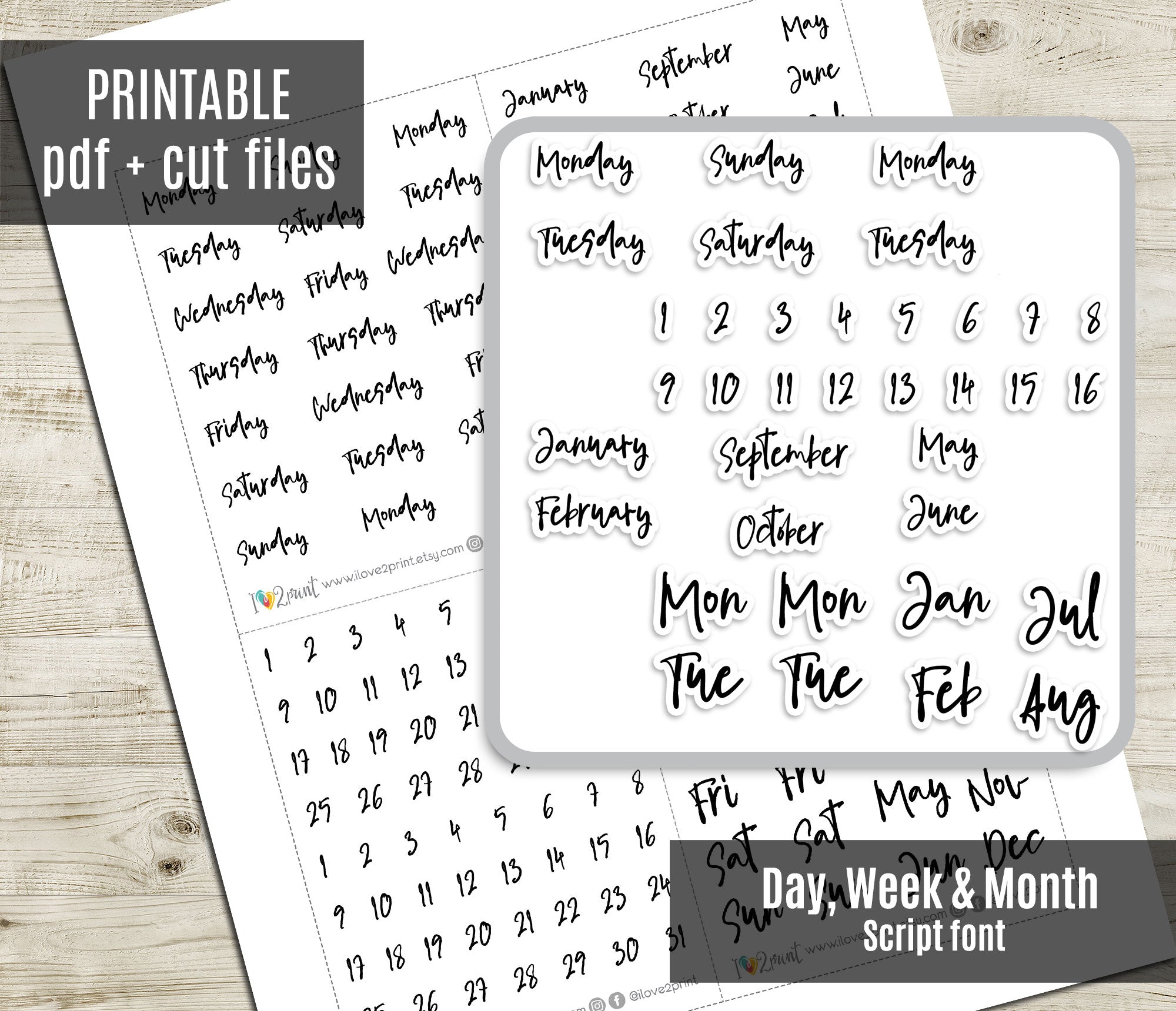 Month Script Circle FREEBIE Day, Week & Month Script - Printable Planner Stickers - Pdf ...