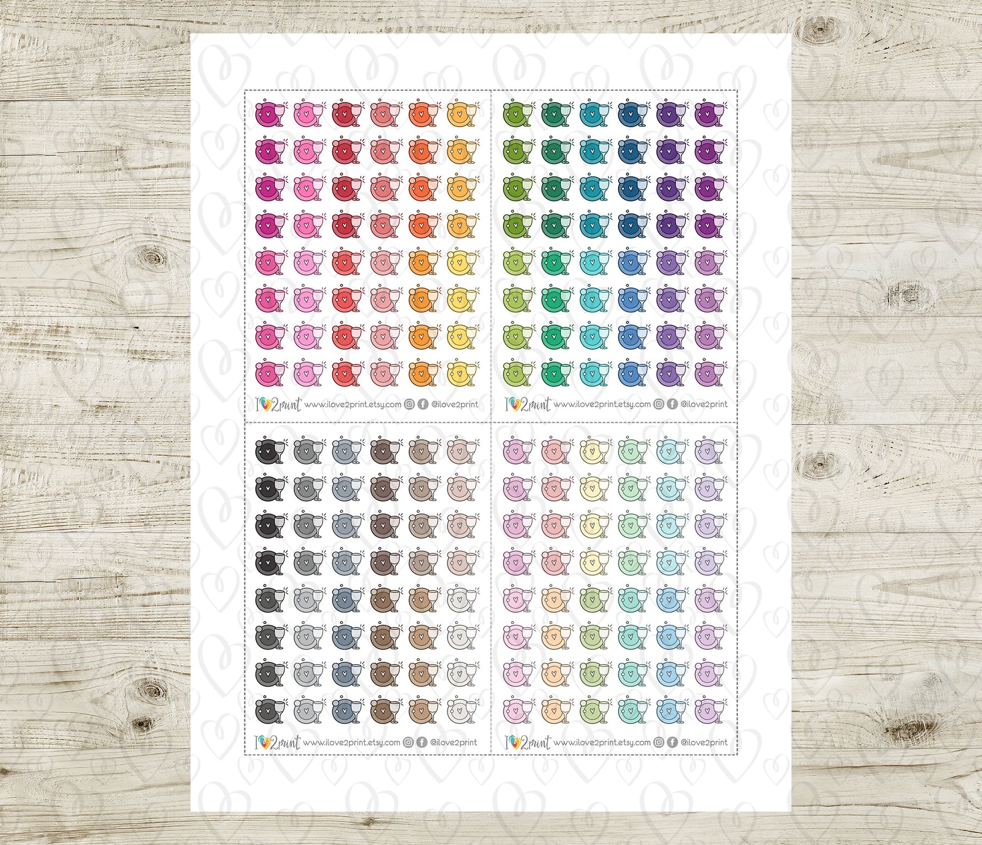 Sheet of colorful dishes stickers on a wooden surface
