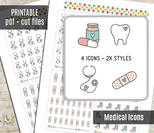 Medical Icons Stickers Set  - Functional Printable Stickers - PDF & Cut Files