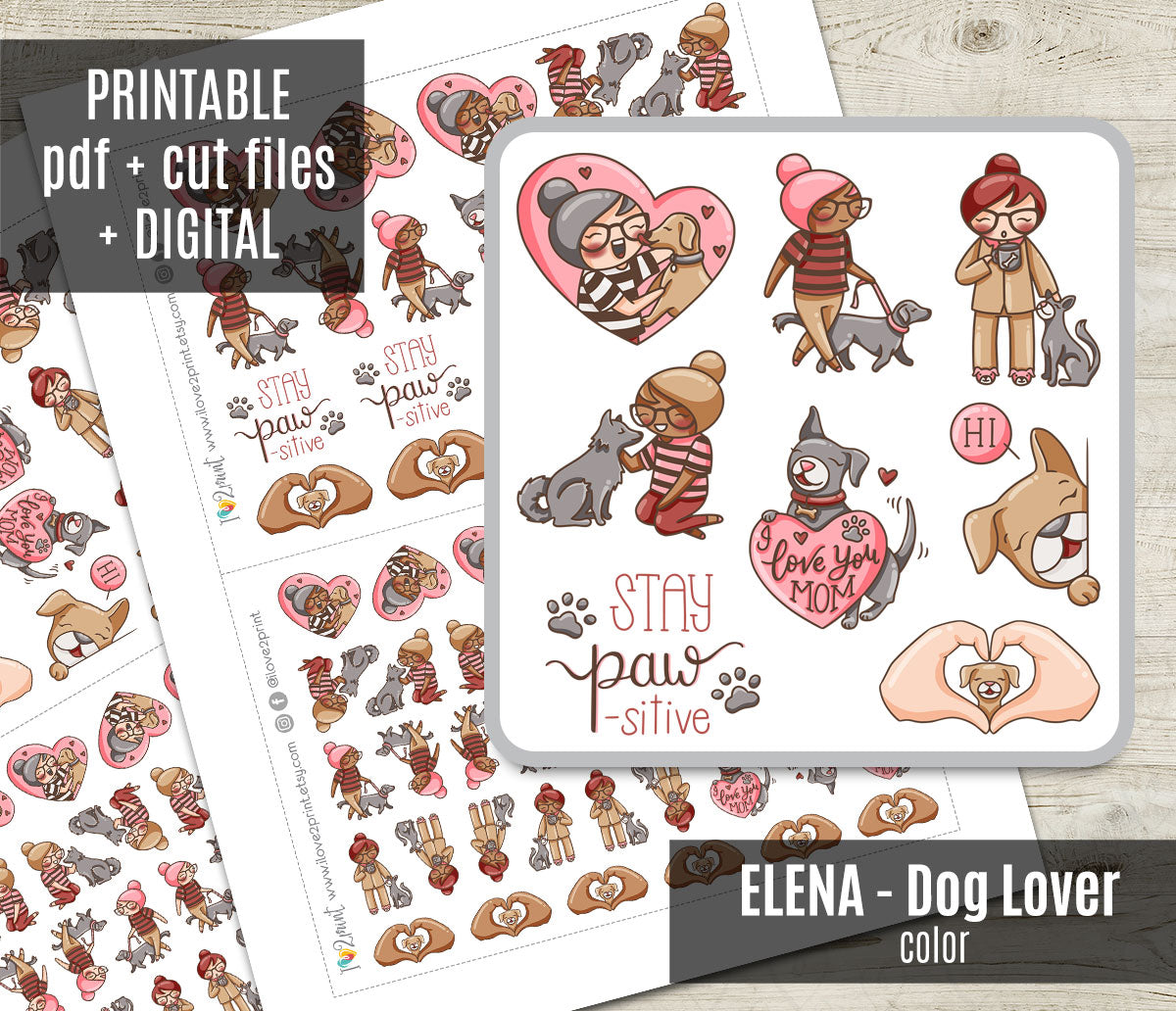 Elena Dog Lover Color Printable Stickers | 2 Skin Tones Puppy | 2 Sizes | PDF Cut Files