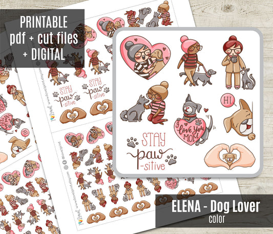 Elena Dog Lover Color Printable Stickers | 2 Skin Tones Puppy | 2 Sizes | PDF Cut Files