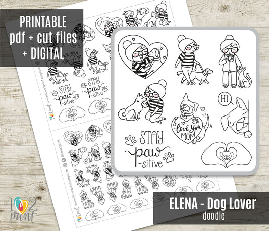 Elena Dog Lover Doodle Printable Planner Stickers | Outline Puppy | 2 Sizes | PDF Cut Files
