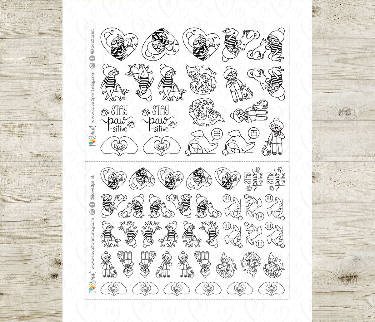 Elena Dog Lover Doodle Printable Planner Stickers | Outline Puppy | 2 Sizes | PDF Cut Files