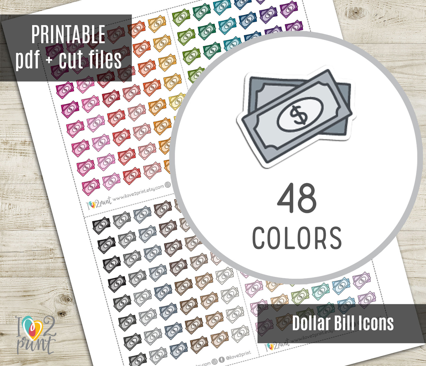 Dollar Bill Mini Icons Printable Planner Stickers | 48 Colors | Finance Budget Labels | PDF Cut Files