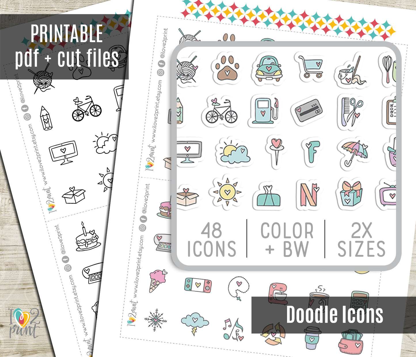 Daily Doodle Stickers set I – Printable Planner Icons - PDF & Cut Files