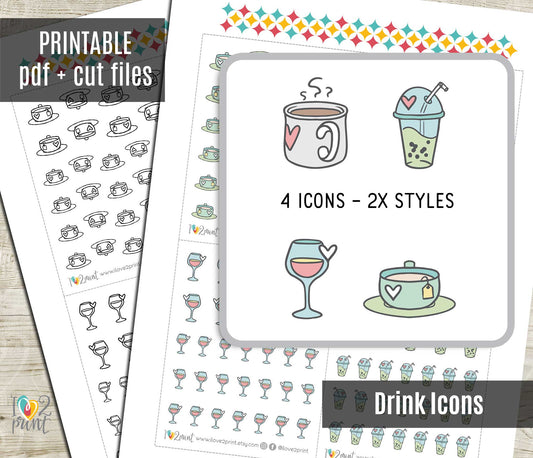 Beverage Icons Stickers – Printable (coffee, tea, smoothie and wine) - PDF & Cut Files