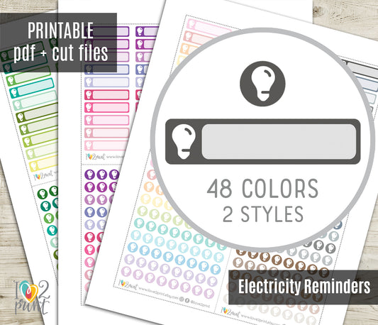Light Bulb Stickers – Eletricity Reminders – Printable Planner Stickers – PDF & Cut Files
