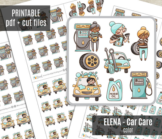 Elena Car Care – COLOR (2 Skin Tones) Printable Planner Stickers – PDF + Cut Files