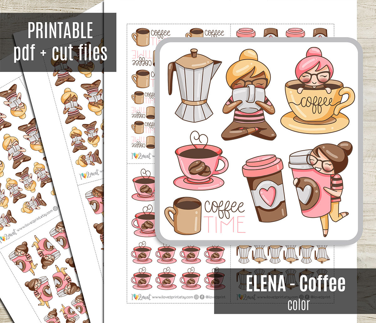 Elena Coffee Time - COLOR Printable Planner Sticker - PDF & Cut Files