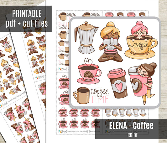 Elena Coffee Time - COLOR Printable Planner Sticker - PDF & Cut Files