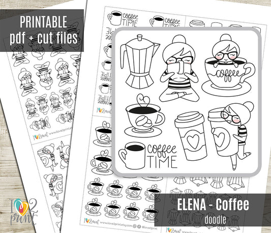 Elena Coffee Time - DOODLE Printable Planner Sticker - PDF & Cut Files
