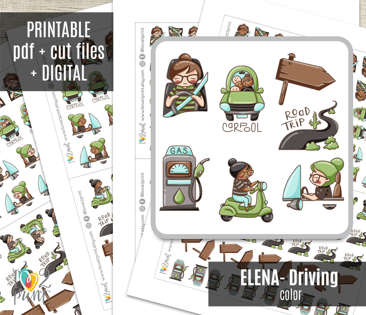 Elena Driving Printable Color Stickers | 2 Skin Tones | PDF + Cut Files