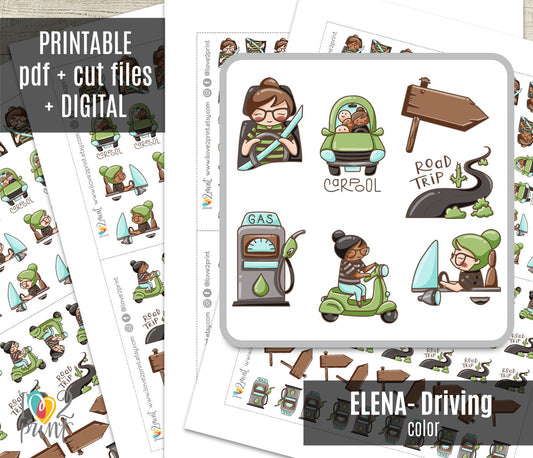 Elena Driving Printable Color Stickers | 2 Skin Tones | PDF + Cut Files