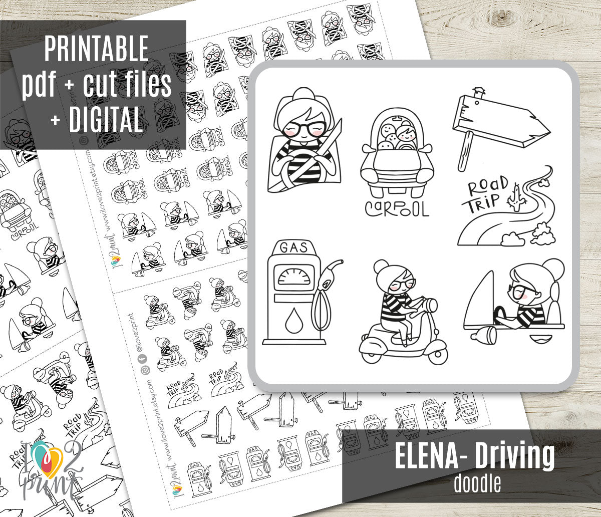 Elena Driving Printable Stickers Outline | Color In | PDF + Cut Files