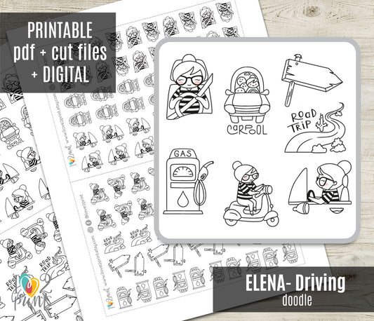 Elena Driving Printable Stickers Outline | Color In | PDF + Cut Files
