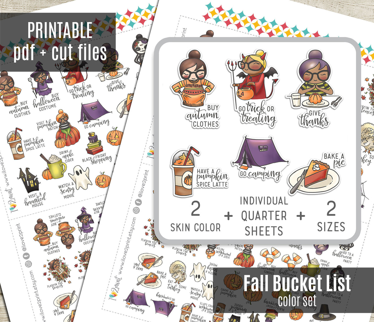 Elena Fall Bucket List Printable Color Stickers | 2 Skin Tones | PDF & Cut Files
