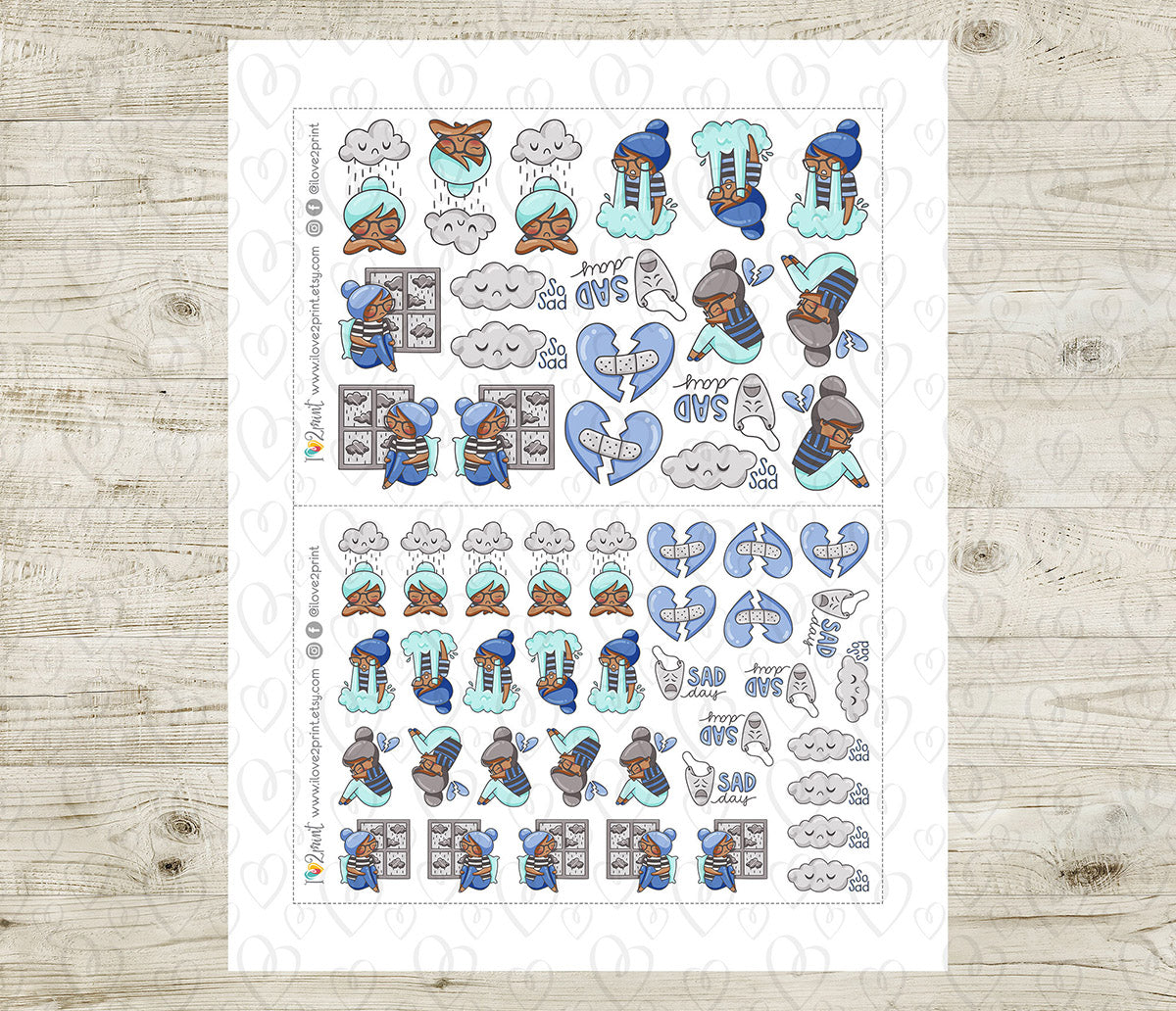 Elena Sad Day - COLOR Printable Planner Sticker - PDF & Cut Files