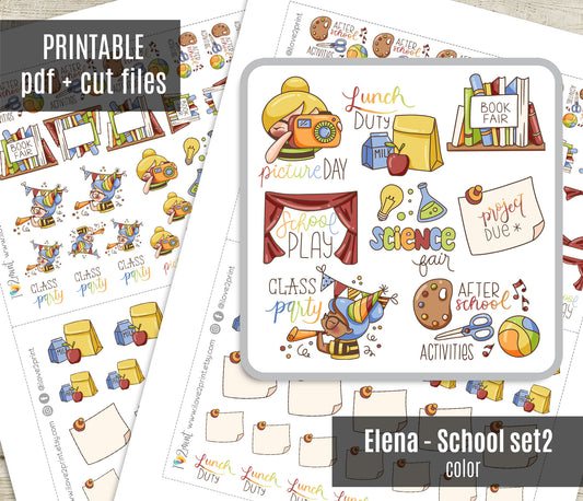 Elena School Set 2 – COLOR Printable Planner Stickers – Picture Day, Book Fair, Project Due & More – PDF + Cut Files