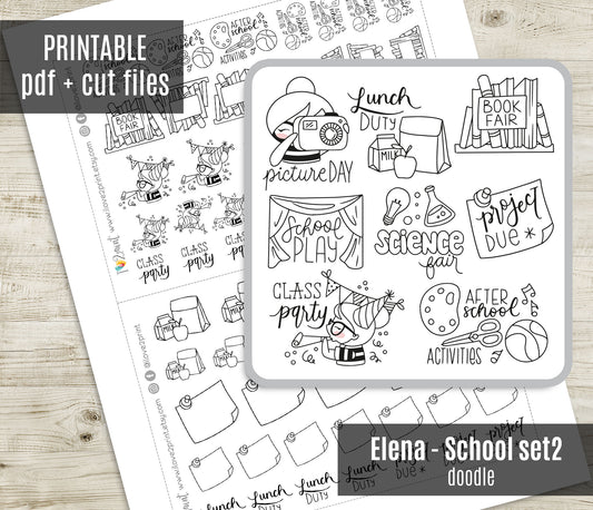 Elena School Set 2 – DOODLE Printable Planner Stickers – Picture Day, Book Fair, Project Due & More – PDF + Cut Files
