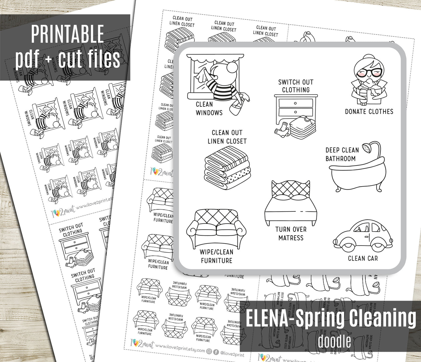 Elena Spring Cleaning – Doodle Printable Stickers (PDF + Cut Files)