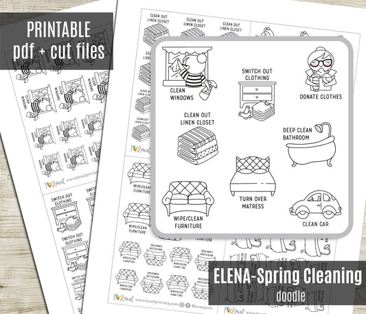 Elena Spring Cleaning – Doodle Printable Stickers (PDF + Cut Files)