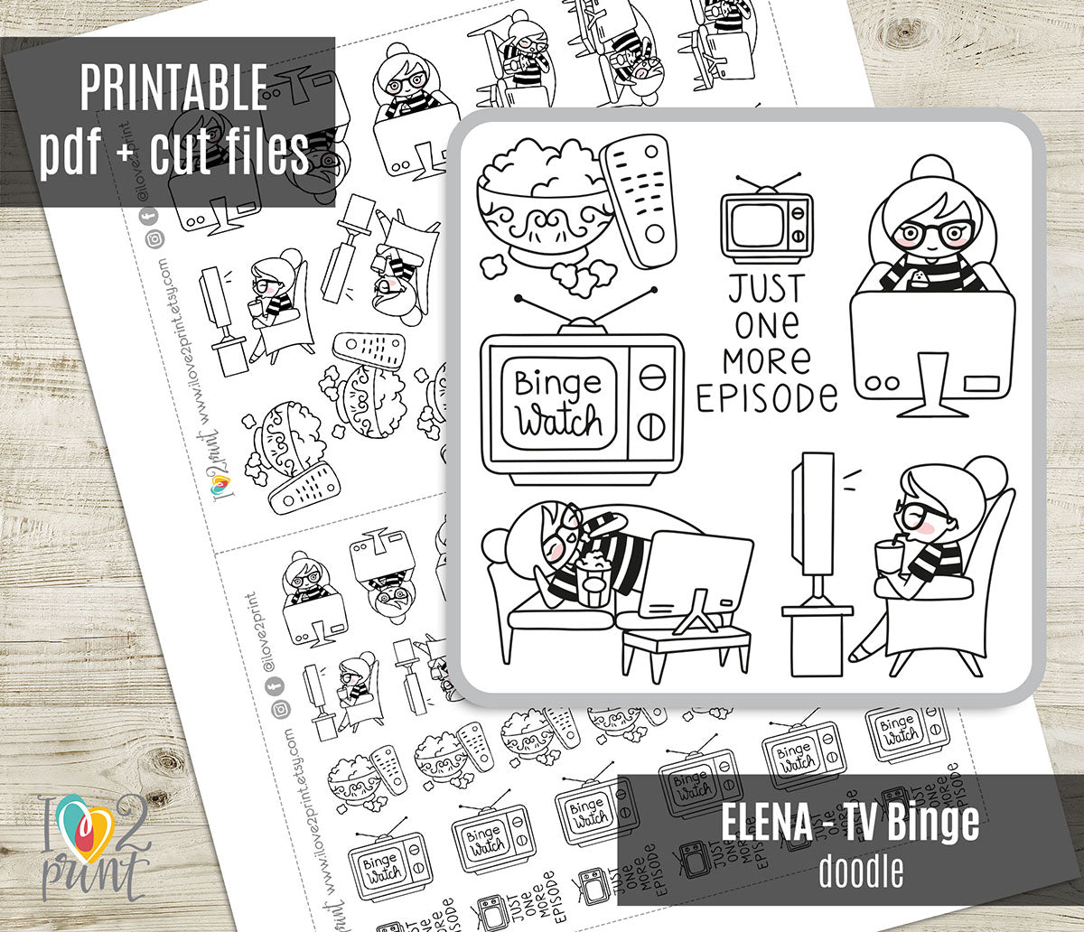 Elena TV Binge - DOODLE Printable Planner Sticker - PDF & Cut Files