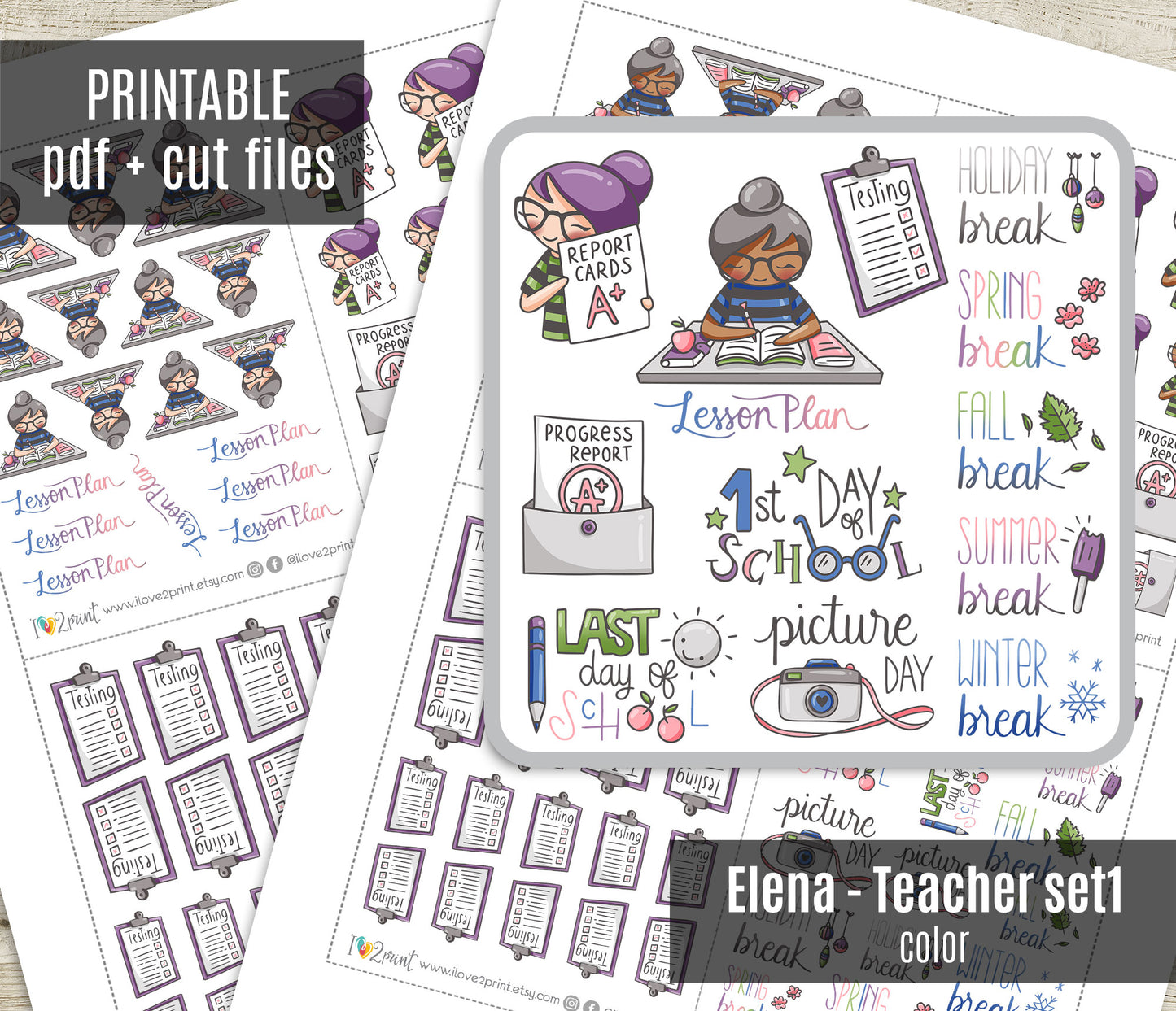 Elena Teachers Set 1 – COLOR Printable Planner Stickers – School Life Events – PDF + Cut Files