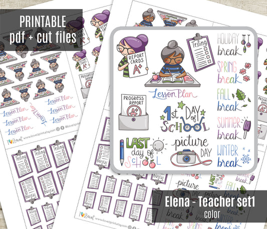 Elena Teachers Set 1 – COLOR Printable Planner Stickers – School Life Events – PDF + Cut Files