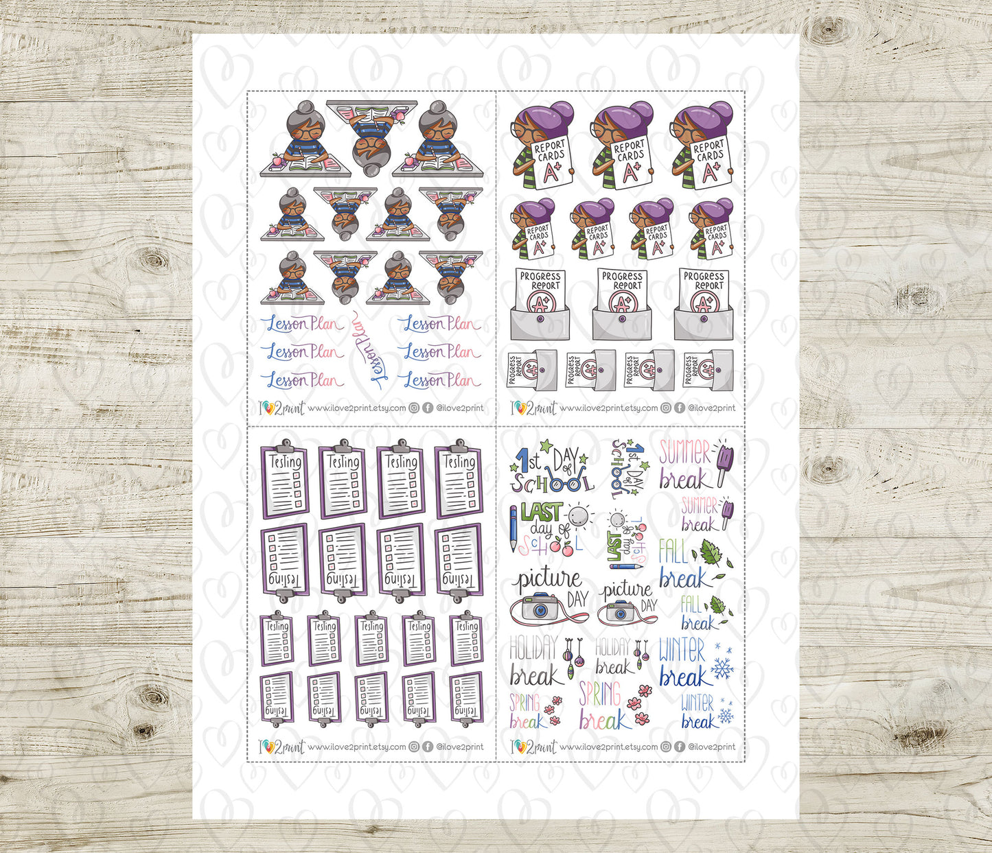 Elena Teachers Set 1 – COLOR Printable Planner Stickers – School Life Events – PDF + Cut Files