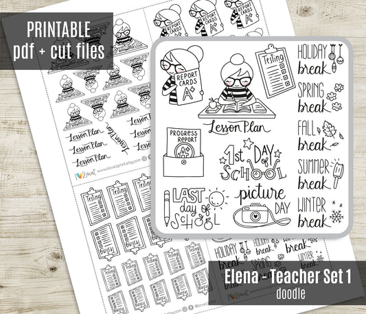 Elena Teachers Set 1 – DOODLE Printable Planner Stickers – School Life Events – PDF + Cut Files