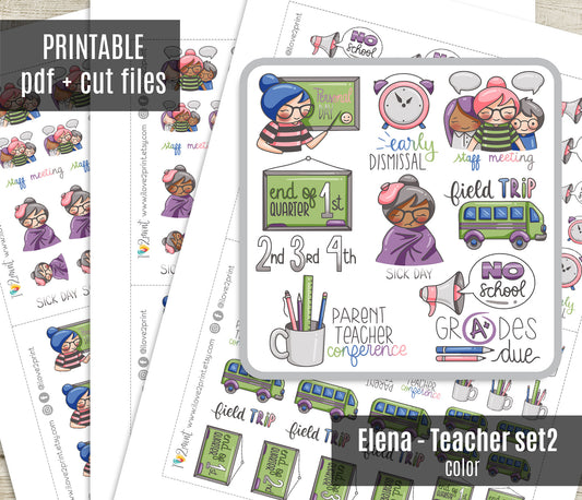 Elena Teachers Set 2 – COLOR Printable Planner Stickers – Staff Meeting, Sick Day, Field Trip, Grades Due – PDF + Cut Files