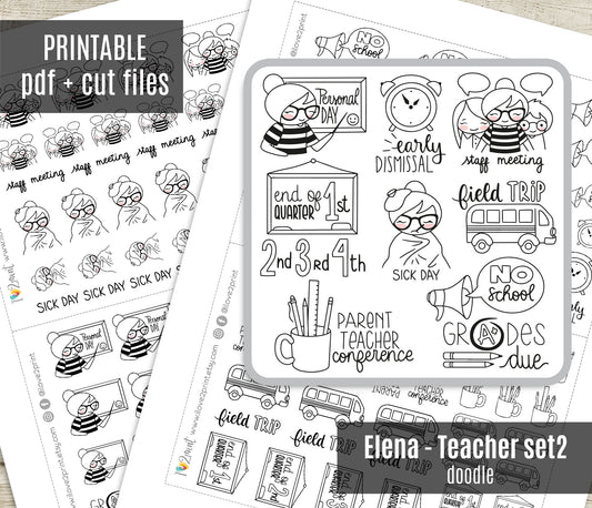 Elena Teachers Set 2 – DOODLE Printable Planner Stickers – Staff Meeting, Sick Day, Field Trip, Grades Due – PDF + Cut Files