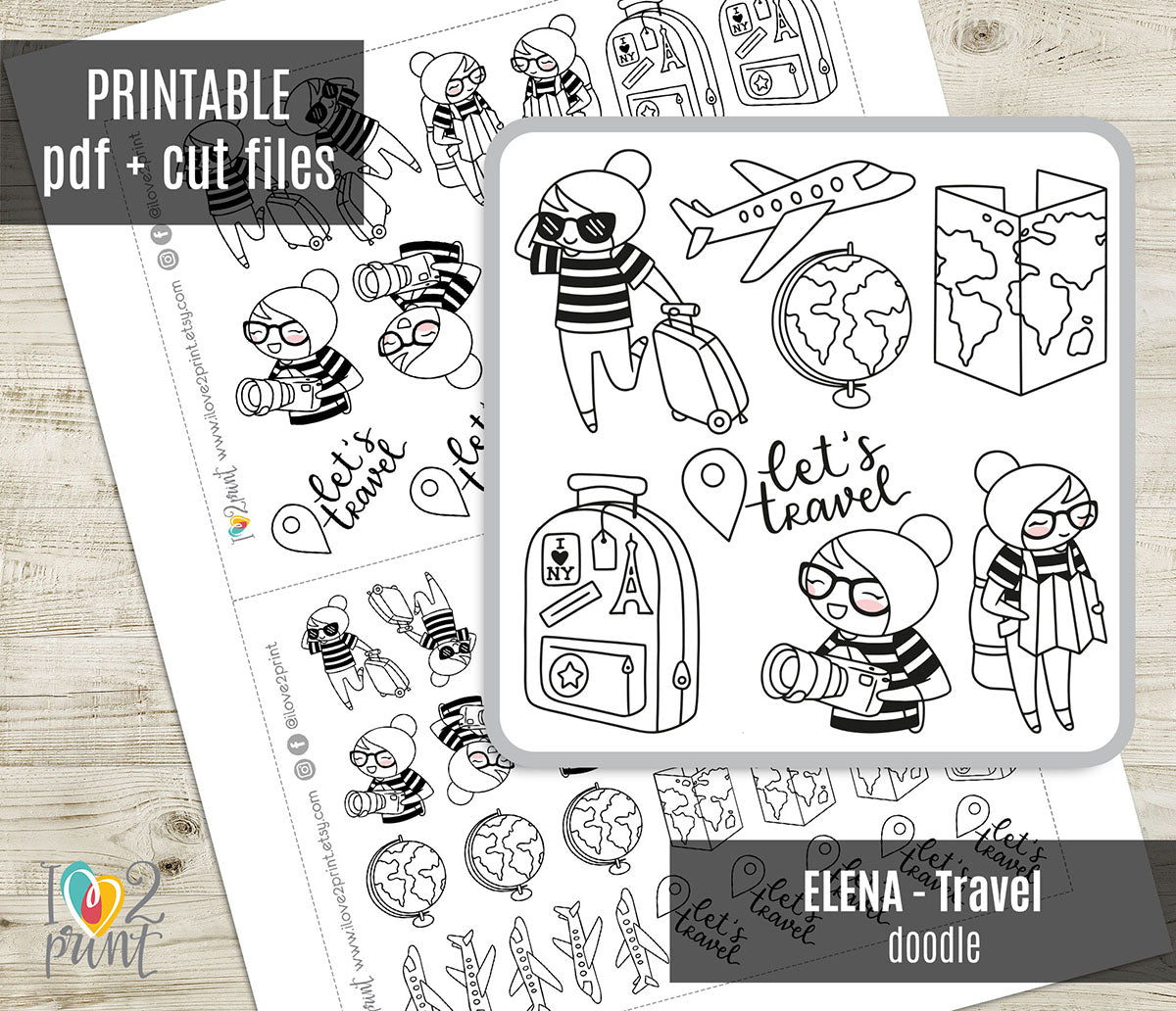 Elena Travel - DOODLE Printable Planner Sticker - PDF & Cut Files