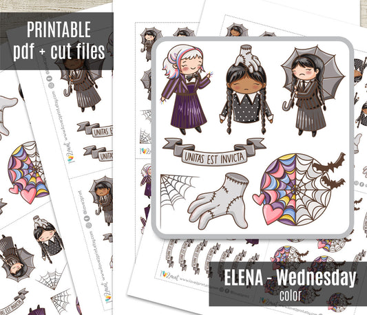 Wednesday TV Show Fan Art – COLOR Printable Planner Stickers (Elena Style) – PDF + Cut Files