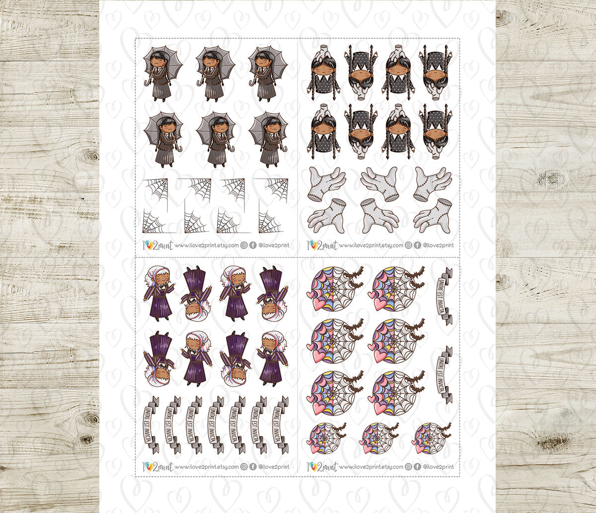 Wednesday TV Show Fan Art – COLOR Printable Planner Stickers (Elena Style) – PDF + Cut Files
