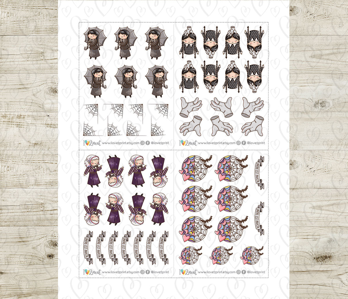 Wednesday TV Show Fan Art – COLOR Printable Planner Stickers (Elena Style) – PDF + Cut Files