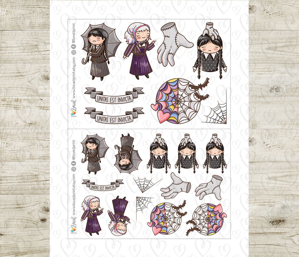 Wednesday TV Show Fan Art – COLOR Printable Planner Stickers (Elena Style) – PDF + Cut Files